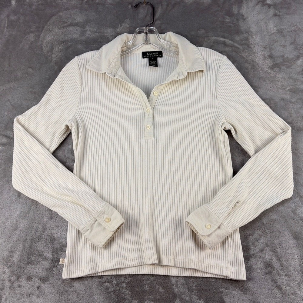 Lauren Ralph Lauren Womens Ribbed Henley Top Cream Long Sleeve Cotton Small RLL